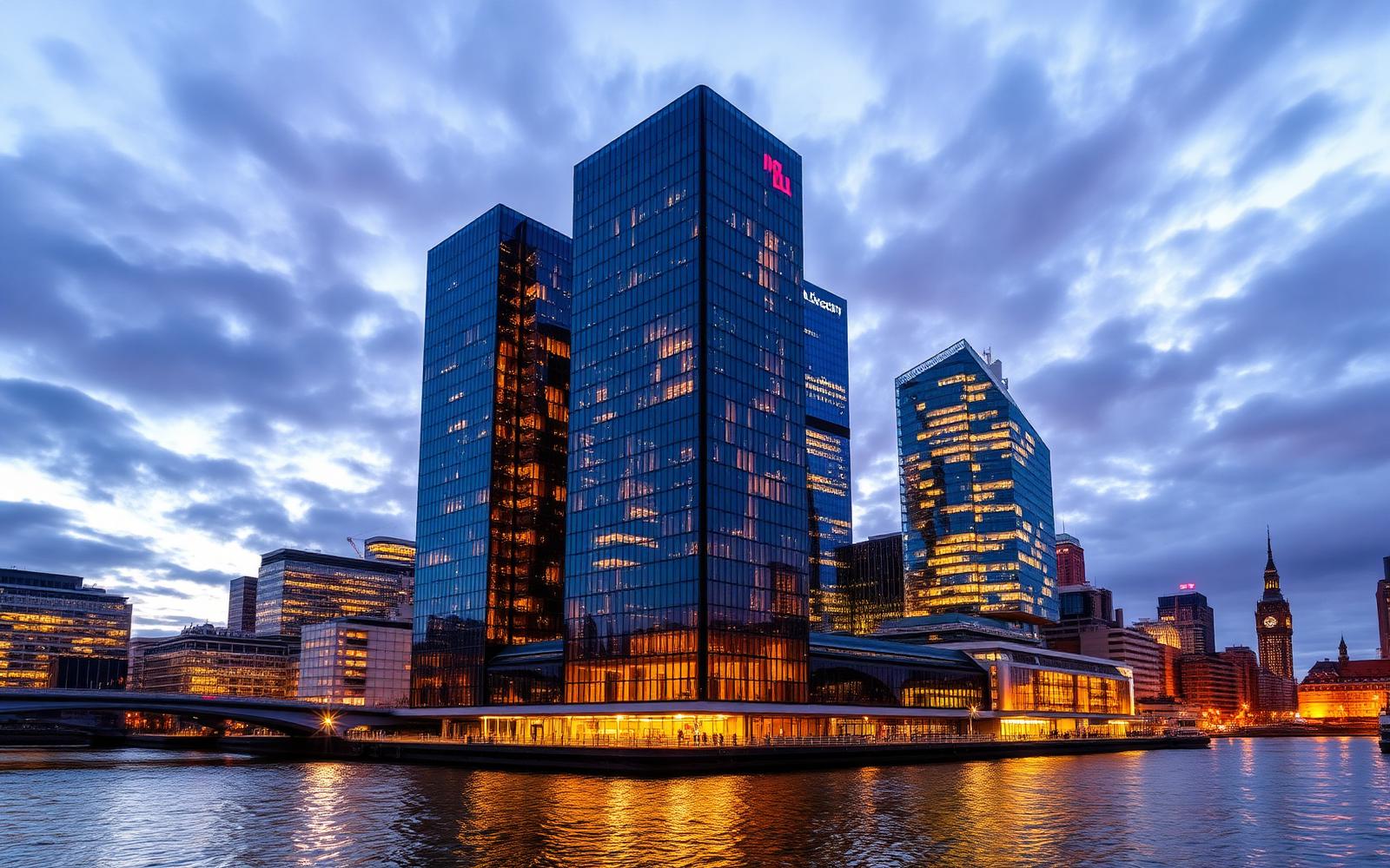 Canary Wharf headquarters at dusk