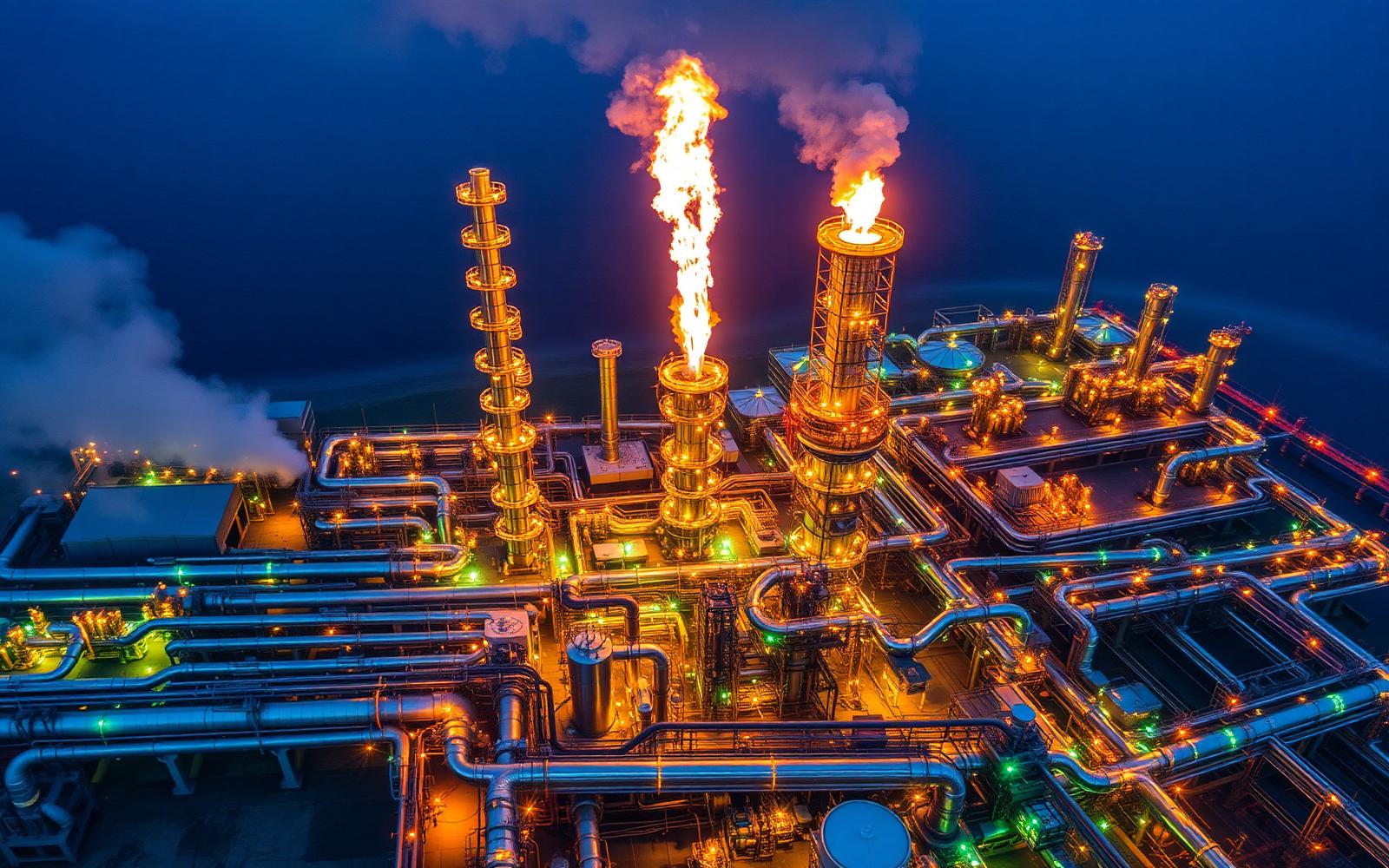 Aerial view of petroleum refinery at night