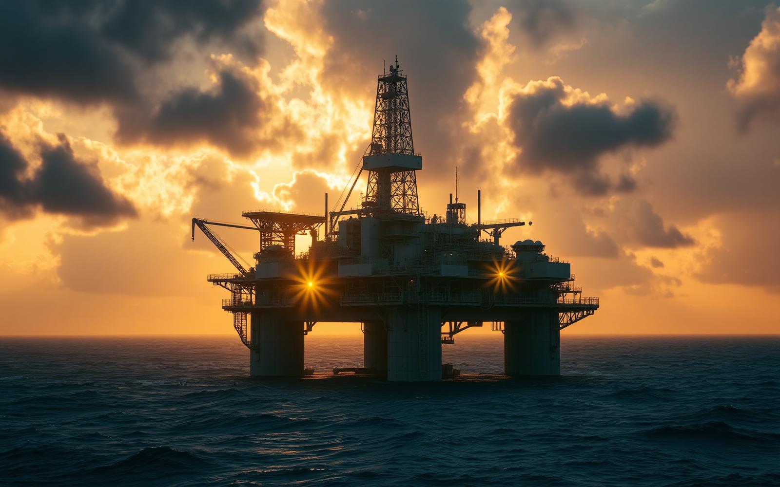 Offshore drilling rig at golden hour in the North Sea
