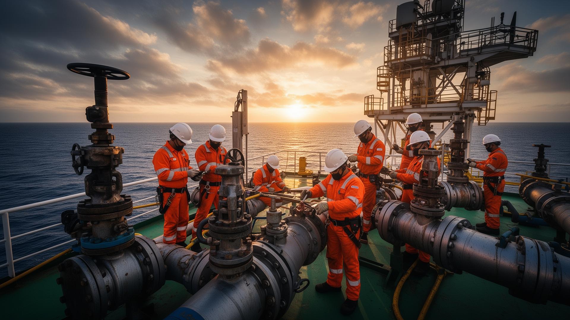 Offshore engineers in orange safety suits working on platform deck at sunset
