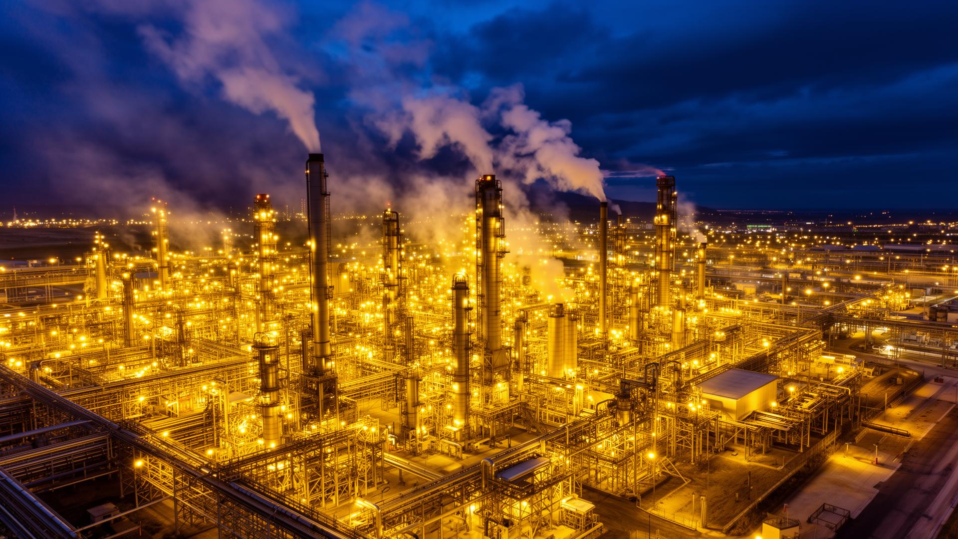 Aerial view of an illuminated petroleum refinery at night