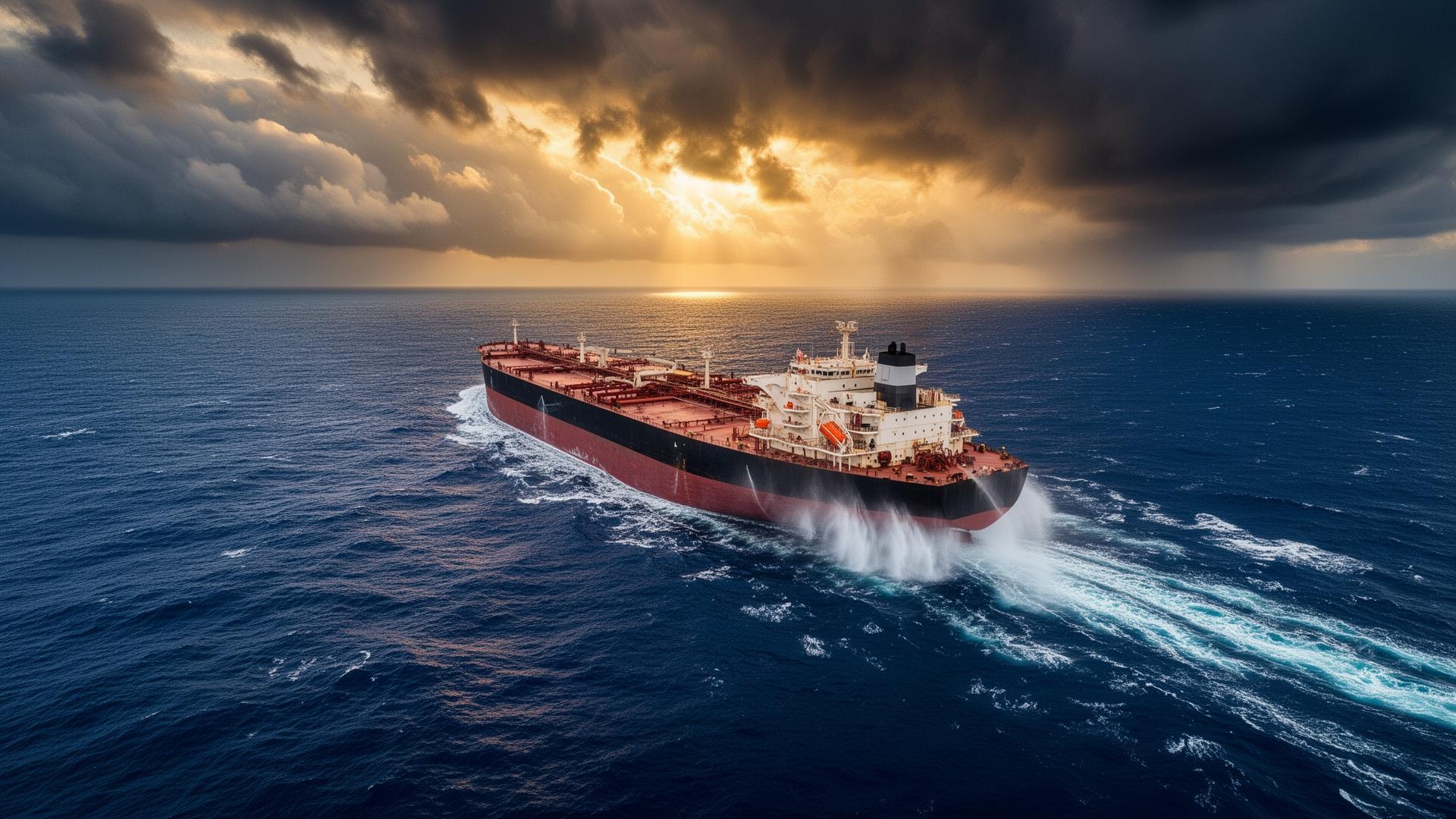 Crude oil supertanker sailing through deep blue ocean at sunset